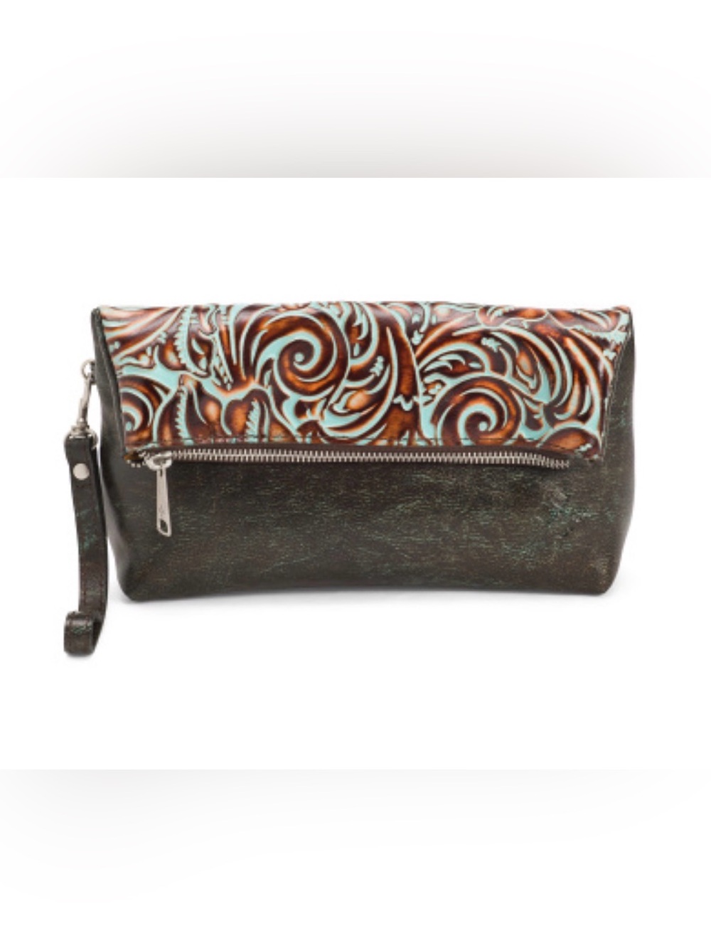 Patricia Nash Turquoise tooled Italian leather fold over Clutch wristlet